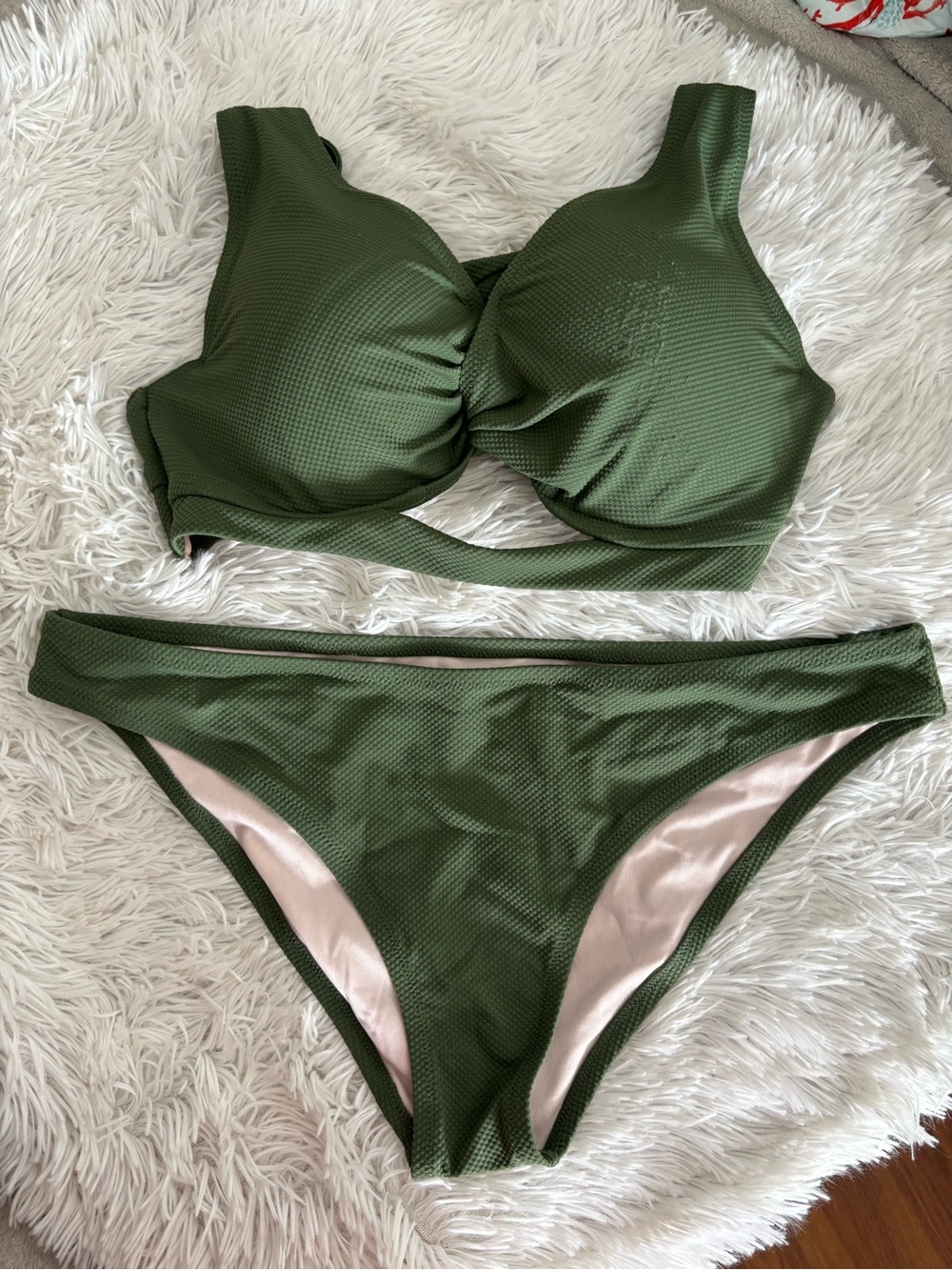 aerie Olive Green Textured Bikini Set - Padded Support Top & Classic Bottoms